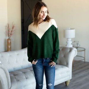 Colorblock Long Sleeve Sweater in Cream & Green